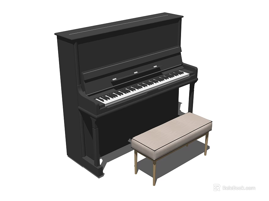 Elegant Black Upright Piano With Comfortable Beige Bench For Music Room 3d model 