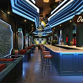 Vintage Bar Interior With Blue Counter Red Sofas Green Brick Walls And Chandeliers