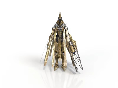 Mythical Character And Winged Creature In Golden Silver Armor With Spiked Helmet 3d model