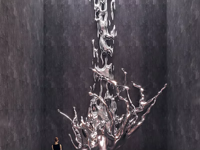 Modern Silver Sculpture With Flowing Dynamic Form In Indoor Dark Space Featuring Human Figure For Scale 3d model