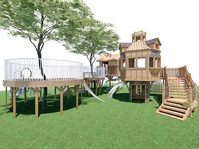 Outdoor Wooden Playground Equipment With Treehouse Slides Platforms And Stairs On Green Grass 3d model