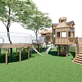 Outdoor Wooden Playground Equipment With Treehouse Slides Platforms And Stairs On Green Grass