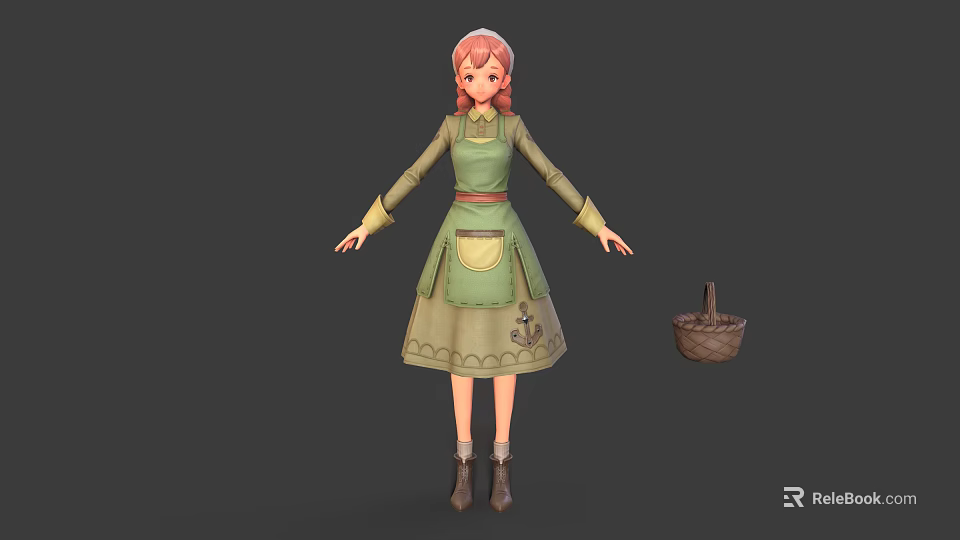 Red Haired Girl In Green Apron Standing With Small Animal And Wicker Basket 3d model 
