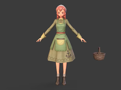 Red Haired Girl In Green Apron Standing With Small Animal And Wicker Basket 3d model