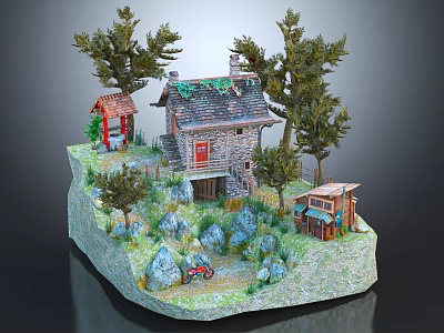 Cartoon Scene With Stone House Surrounded By Trees Small Shed Bicycle And Rocks 3d model