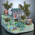 Cartoon Scene With Stone House Surrounded By Trees Small Shed Bicycle And Rocks