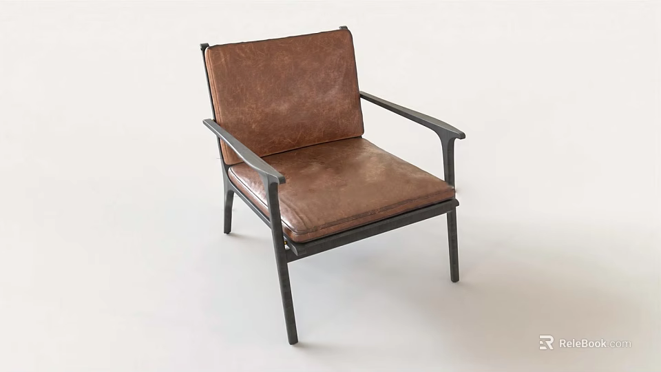 Modern Leisure Chair With Brown Leather Seat And Black Metal Frame 3d model 