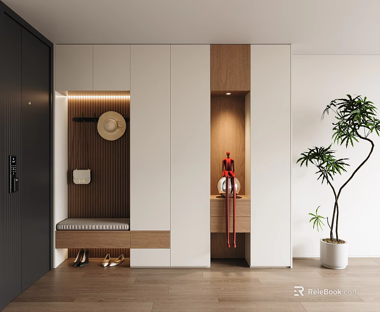 Modern Entryway Shoe Cabinet With Bench Hooks Wooden White Storage And Plant Decor 3d model 