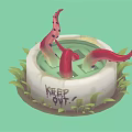 Cartoon Scene With White Container Green Liquid Red Spotted Tentacles Grass And Keep Out Sign