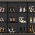 Women's High Heel Shoes in Various Styles Arranged on Multi Compartment Shoe Rack