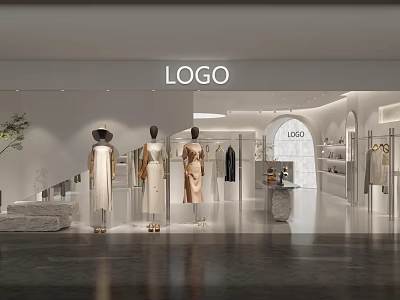 Modern Clothing Store Interior With Mannequins In Dresses And Display Racks 3d model