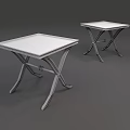 Two Dark Red Wooden Side Tables With Cross Legs And Golden Connecting Bar