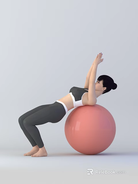 Woman Doing Stretching Exercise Leaning On Pink Fitness Ball With Raised Arms 3d model 