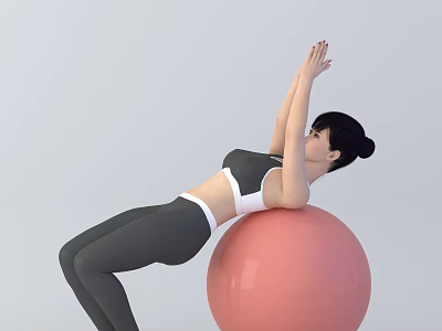 Woman Doing Stretching Exercise Leaning On Pink Fitness Ball With Raised Arms 3d model