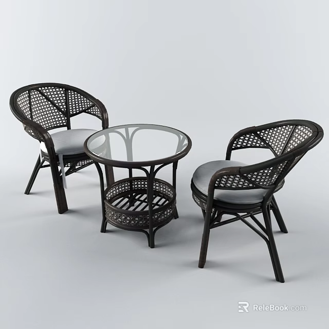 Comfortable Wicker Table and Chair Set with Round Glass Top for Outdoor Patio 3d model 