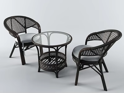 Comfortable Wicker Table and Chair Set with Round Glass Top for Outdoor Patio 3d model