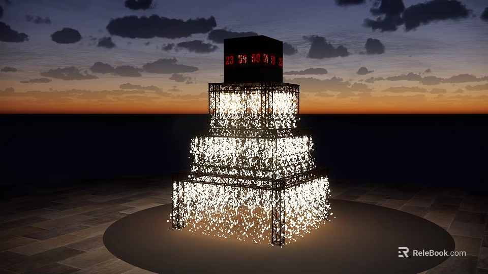 Illuminated Multi Tiered Photo Spot With Happy New Year Sign At Sunset Sky 3d model 