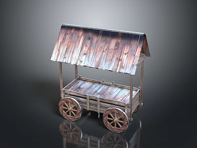 Vintage Wooden Cart With Rustic Metal Roof And Decorative Wheels For Daily Use 3d model