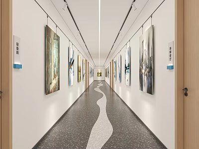 Art Gallery Corridor With Paintings On Walls And Wavy White Floor Design 3d model