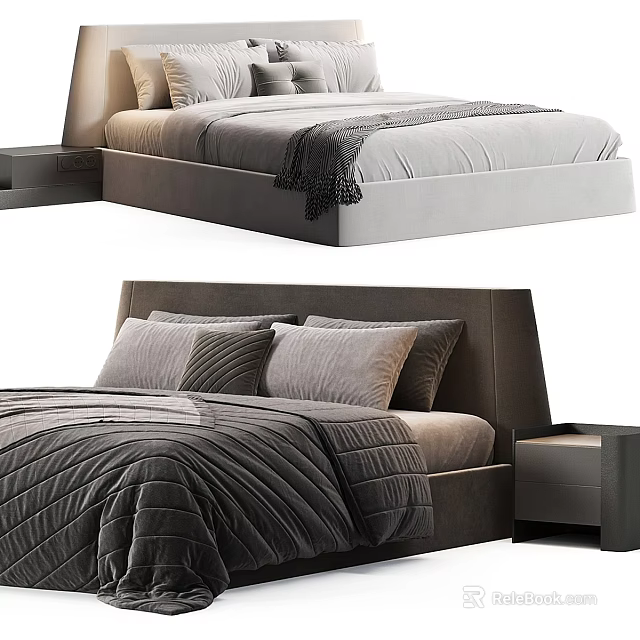 Modern Double Bed Design With Light Dark Gray Bedding And Bedside Tables 3d model 