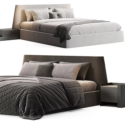 Modern Double Bed Design With Light Dark Gray Bedding And Bedside Tables 3d model