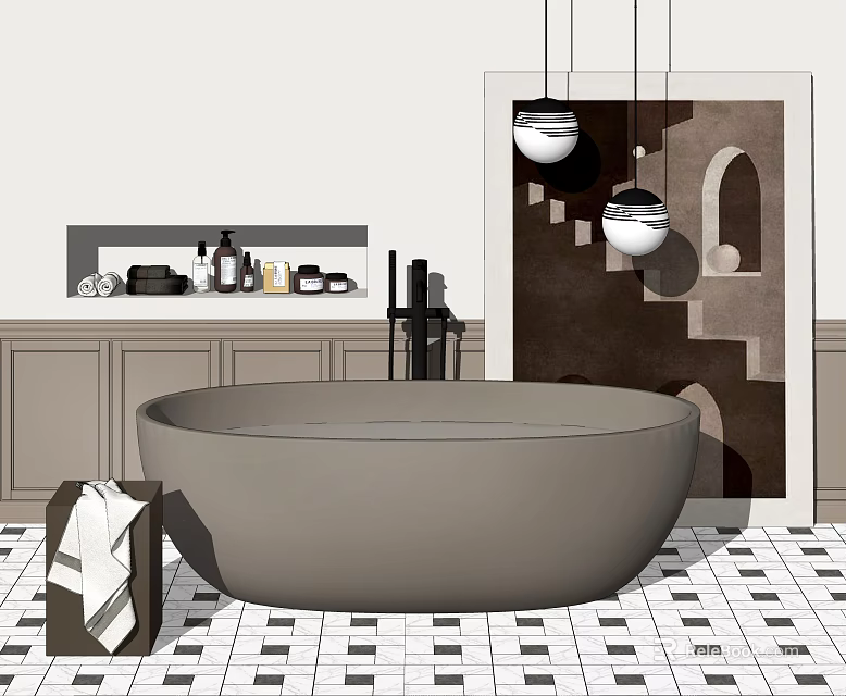 Modern Freestanding Bathtub With Towel Hanging Pendant Lights And Black White Tiled Floor 3d model 
