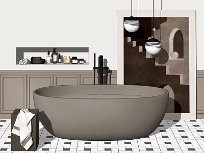 Modern Freestanding Bathtub With Towel Hanging Pendant Lights And Black White Tiled Floor 3d model