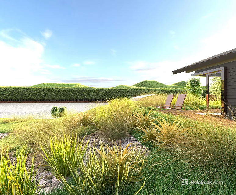 Scenic View With Modern Cabin Lounge Chairs Green Hills Blue Sky White Clouds Lush Grass 3d model 