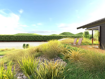 Scenic View With Modern Cabin Lounge Chairs Green Hills Blue Sky White Clouds Lush Grass 3d model