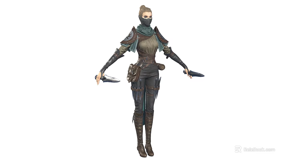 Fantasy Female Assassin Character Wearing Leather Armor Mask And Daggers 3d model 