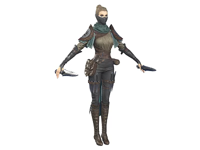 Fantasy Female Assassin Character Wearing Leather Armor Mask And Daggers 3d model
