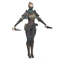 Fantasy Female Assassin Character Wearing Leather Armor Mask And Daggers