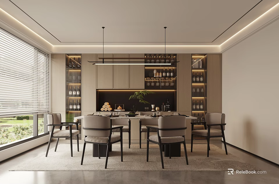 Modern Restaurant Interior With Dining Table Chairs Wine Racks And Ambient Lighting 3d model
