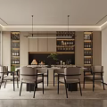 Modern Restaurant Interior With Dining Table Chairs Wine Racks And Ambient Lighting
