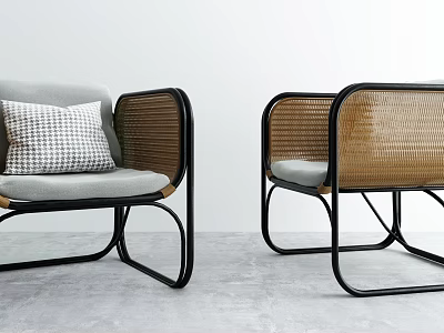 Modern Leisure Chairs With Black Metal Frame Rattan Backrest And Checkered Pillow 3d model