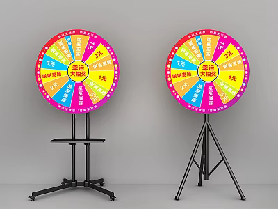 Colorful Lucky Draw Prize Wheels With Various Prizes And Stands 3d model