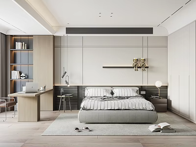 Modern Bedroom Interior Design With Striped Bed Wooden Floor Wardrobe Rug And Desk Chair 3d model