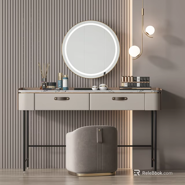 Elegant Modern Dressing Table With Round Mirror Table Lamp Drawers And Gray Chair Wall Panels 3d model 
