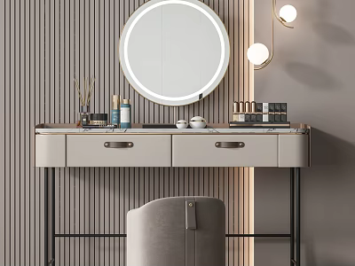 Elegant Modern Dressing Table With Round Mirror Table Lamp Drawers And Gray Chair Wall Panels 3d model