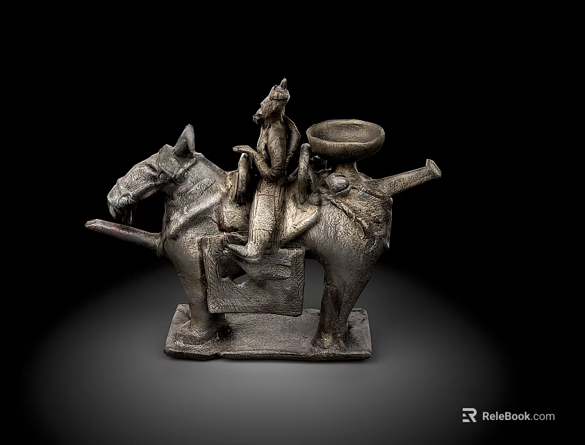 Ancient Bronze Sculpture Figure Riding Horse With Container On Horseback And Intricate Base 3d model 