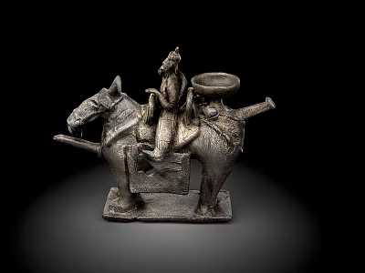 Ancient Bronze Sculpture Figure Riding Horse With Container On Horseback And Intricate Base 3d model
