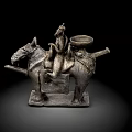 Ancient Bronze Sculpture Figure Riding Horse With Container On Horseback And Intricate Base