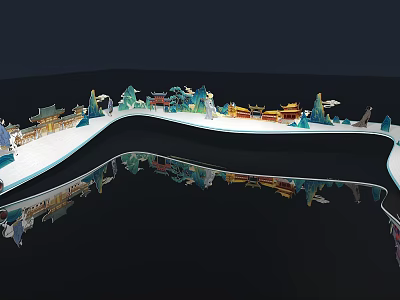 Traditional Chinese Architectural Model With Bridge Mountain Pavilion And Reflection 3d model