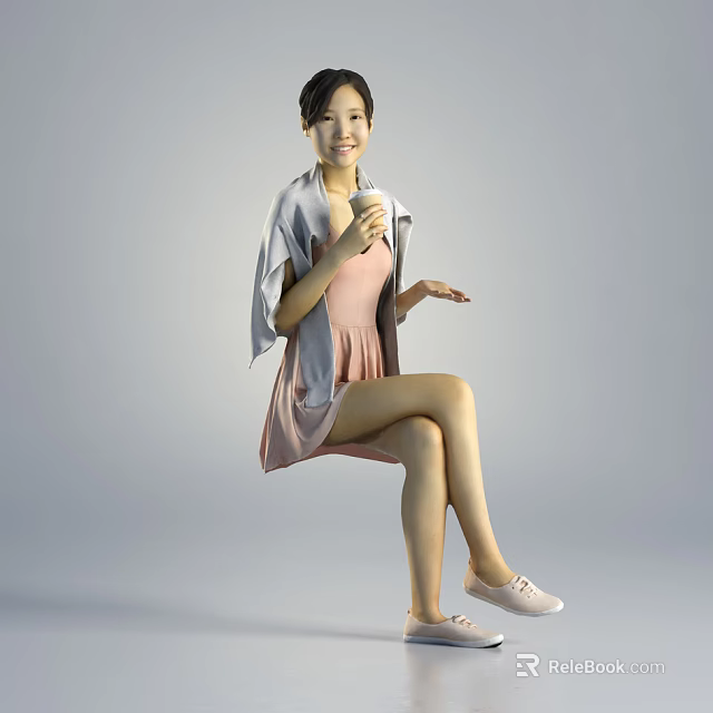 Woman Sitting On Chair In Pink Dress With Gray Shawl Holding Microphone And White Shoes 3d model 