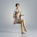 Woman Sitting On Chair In Pink Dress With Gray Shawl Holding Microphone And White Shoes