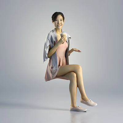 Woman Sitting On Chair In Pink Dress With Gray Shawl Holding Microphone And White Shoes 3d model
