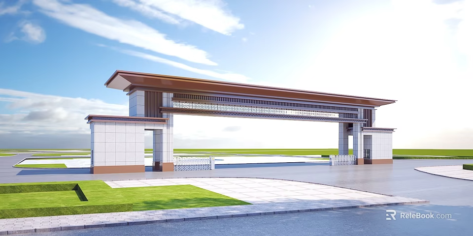 Traditional Roofed Entrance Gate With Stone Columns Carvings And Lawn Surroundings 3d model 