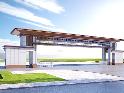 Traditional Roofed Entrance Gate With Stone Columns Carvings And Lawn Surroundings 3d model