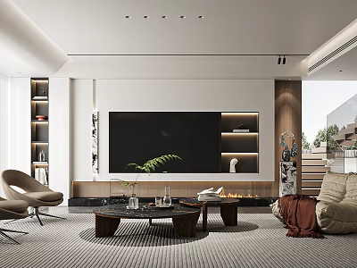 Modern Living Room TV Wall Design With Built In Shelves Wooden Accents And Green Plants 3d model