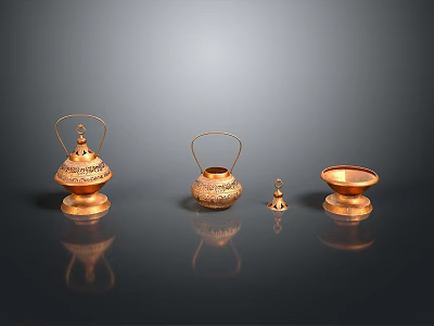 Set Of Traditional Copper Decorative Lamps With Intricate Cutouts And Reflective Bases 3d model